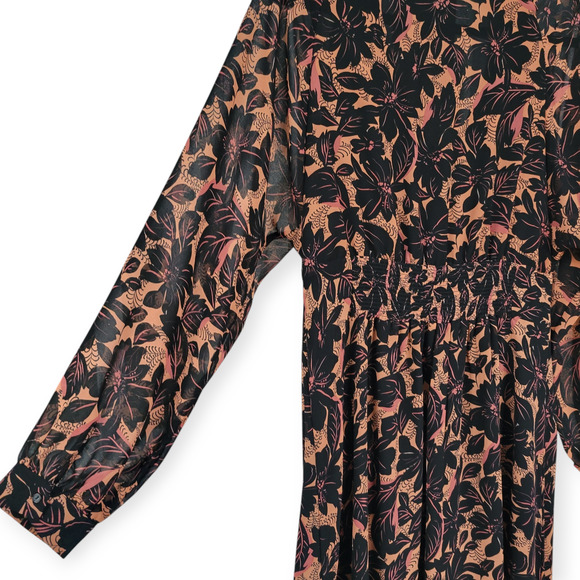 ASTR The Label Floral Smocked V-Neck Long Sleeve Dress Black/Coral Women Sz L - Picture 6 of 16